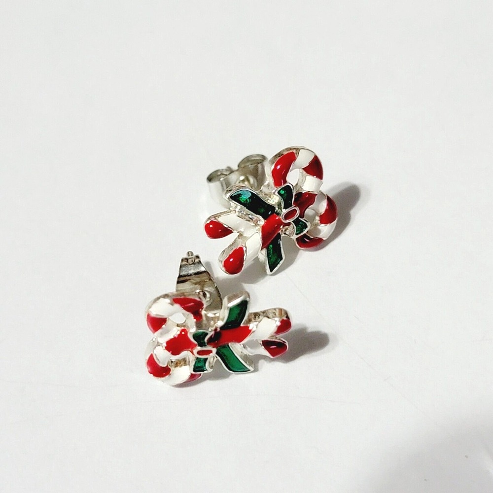 Vintage Candy Cane Pierced Earrings Christmas Enamel Red‎ White Festive h-58